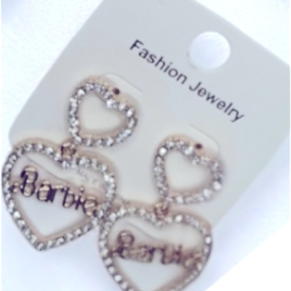 Barbie Crystal Double Heart Rhinestone Drop Earrings SILVER TONE NEW